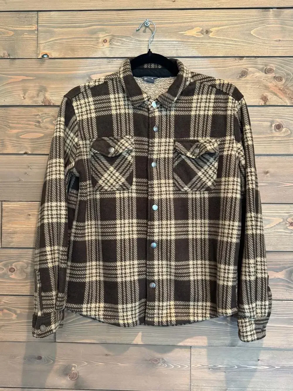 Eddie Bauer Plaid Sherpa Lined Shirt Jacket Youth Size 14/16 Brown Snap Front